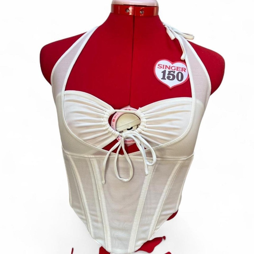 White Fox white corset halter top mesh bustier with zip up back size small party